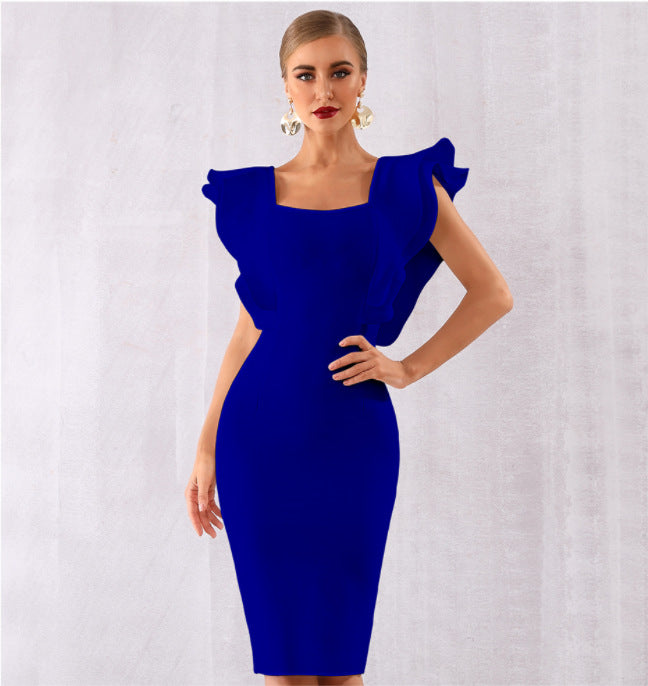 Summer Party Bandage Dress Vestido Sexy Ruffles Butterfly Sleeve Tight Club Dress Blue