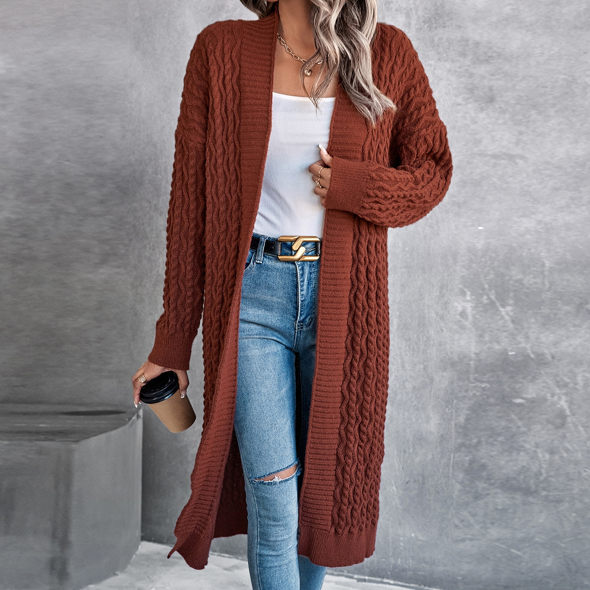 Women Baggy Coat Idle Long Sweater Coat Twist Knitted Cardigan