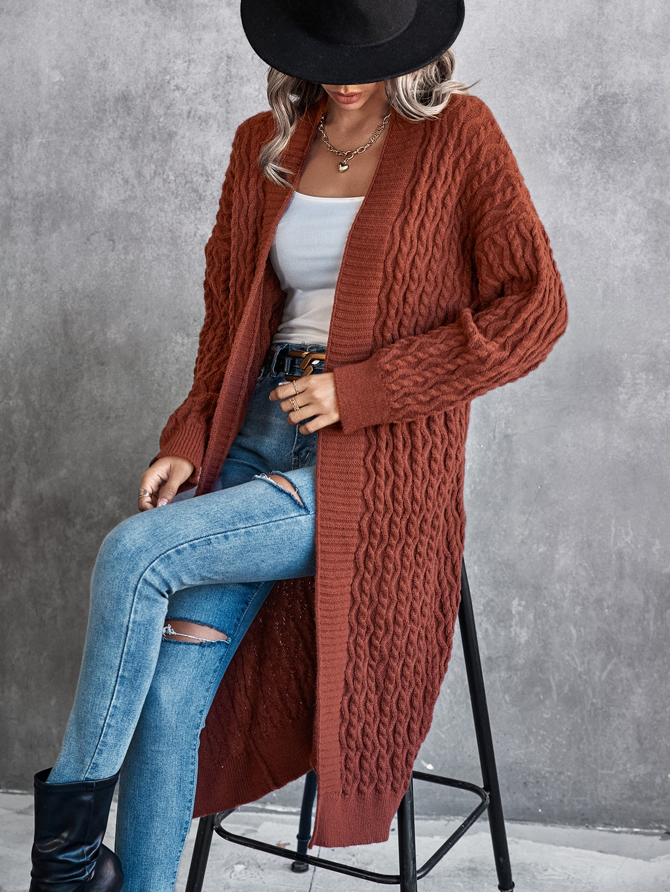 Women Baggy Coat Idle Long Sweater Coat Twist Knitted Cardigan