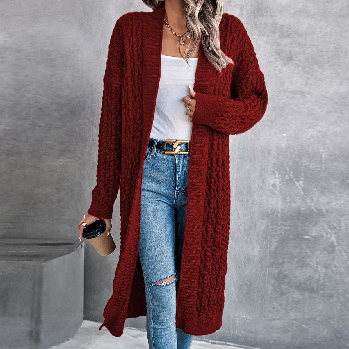 Women Baggy Coat Idle Long Sweater Coat Twist Knitted Cardigan