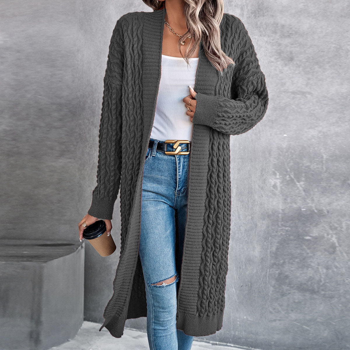 Women Baggy Coat Idle Long Sweater Coat Twist Knitted Cardigan Gray