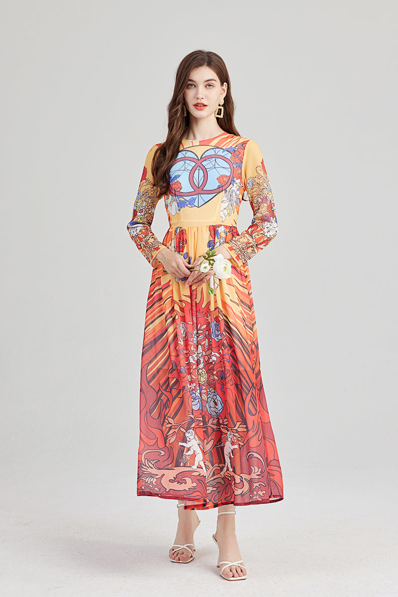 Women Spring and Autumn New Arrival Angel Print Lightweight Imitation Chiffon dress Round Neck Large Swing A line Dress