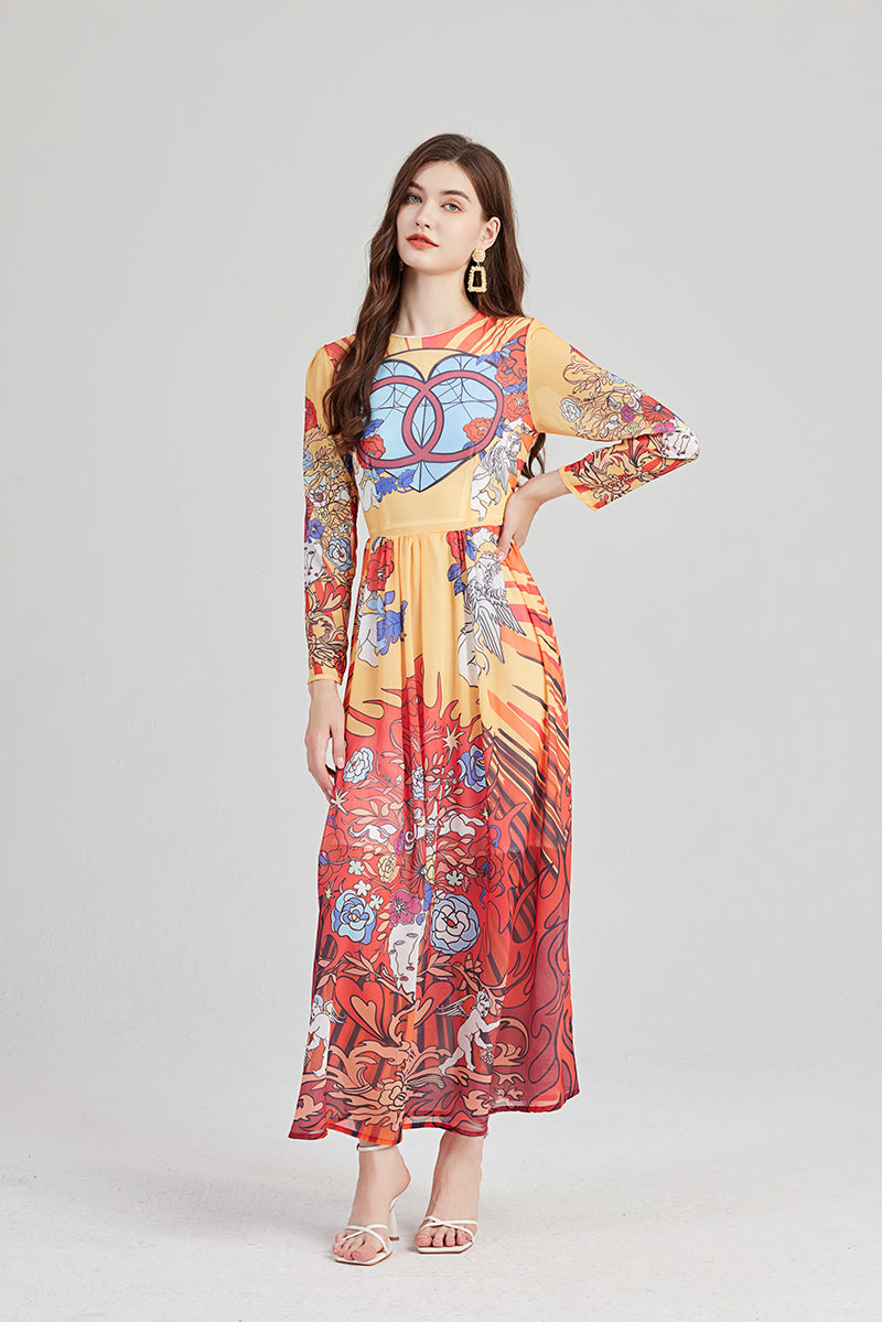 Women Spring and Autumn New Arrival Angel Print Lightweight Imitation Chiffon dress Round Neck Large Swing A line Dress