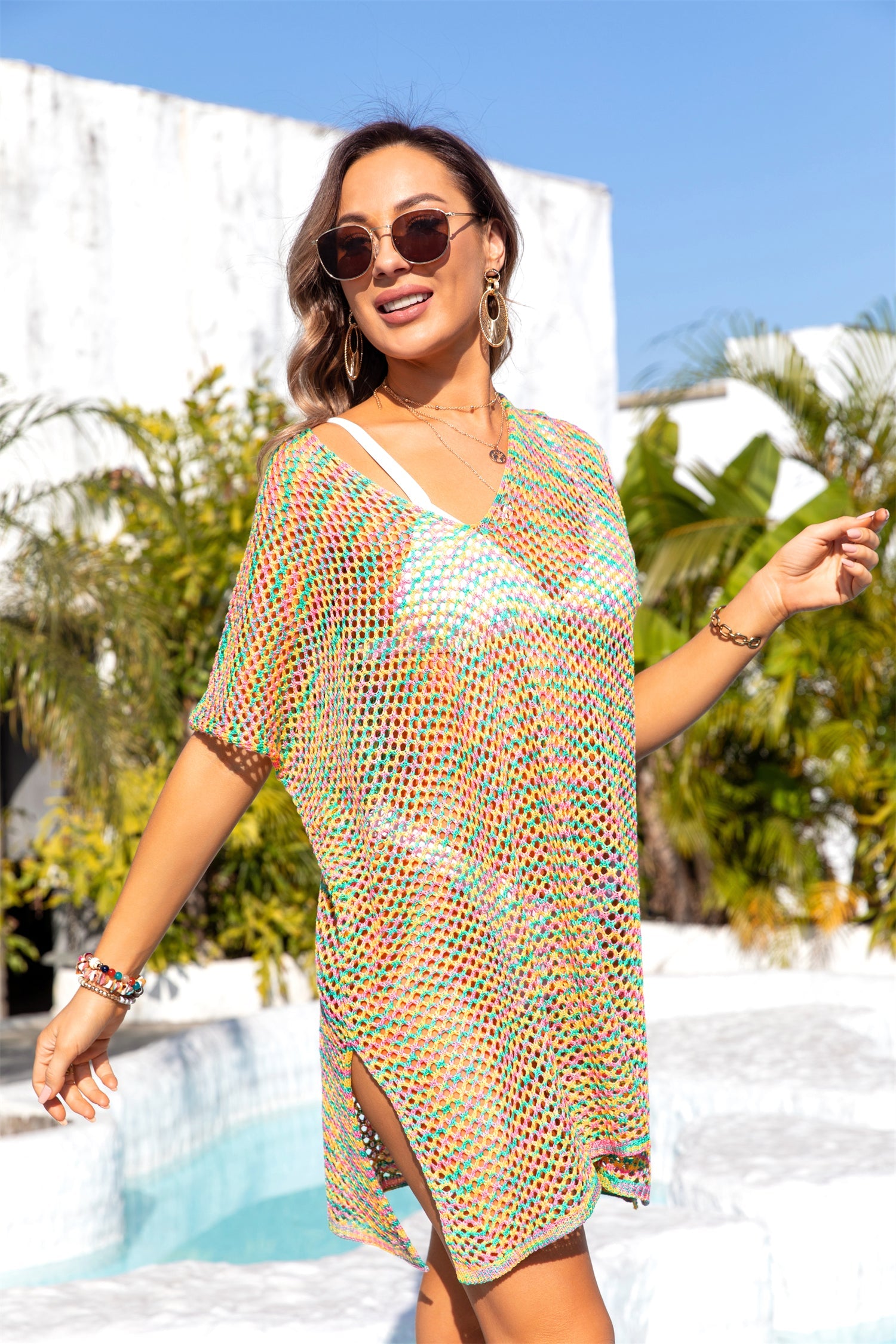 Women Clothing Summer Beach Cover Up Rainbow Hollow Out Cutout Knitting Bikini Sun Protection Shirt Women