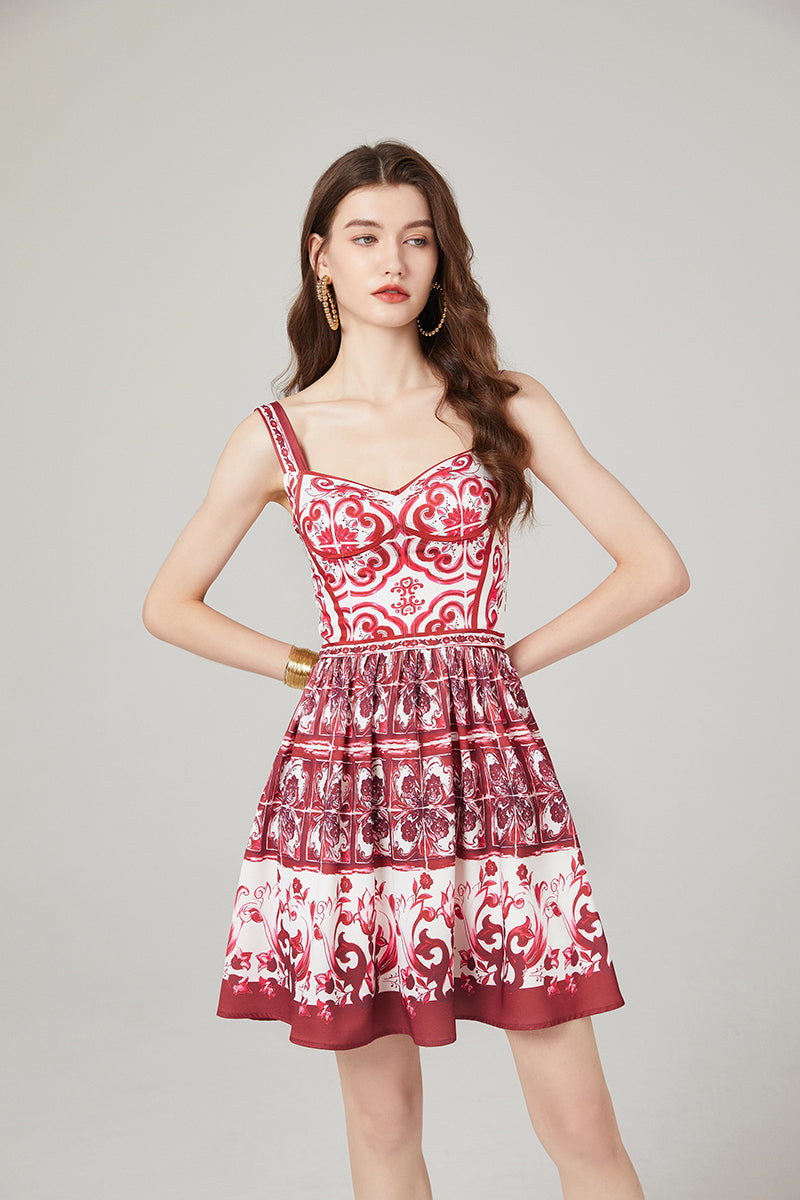 Women Spring and Summer New Positioning Printed Stitching Slim-fit High Waist dress Strap A line Dress