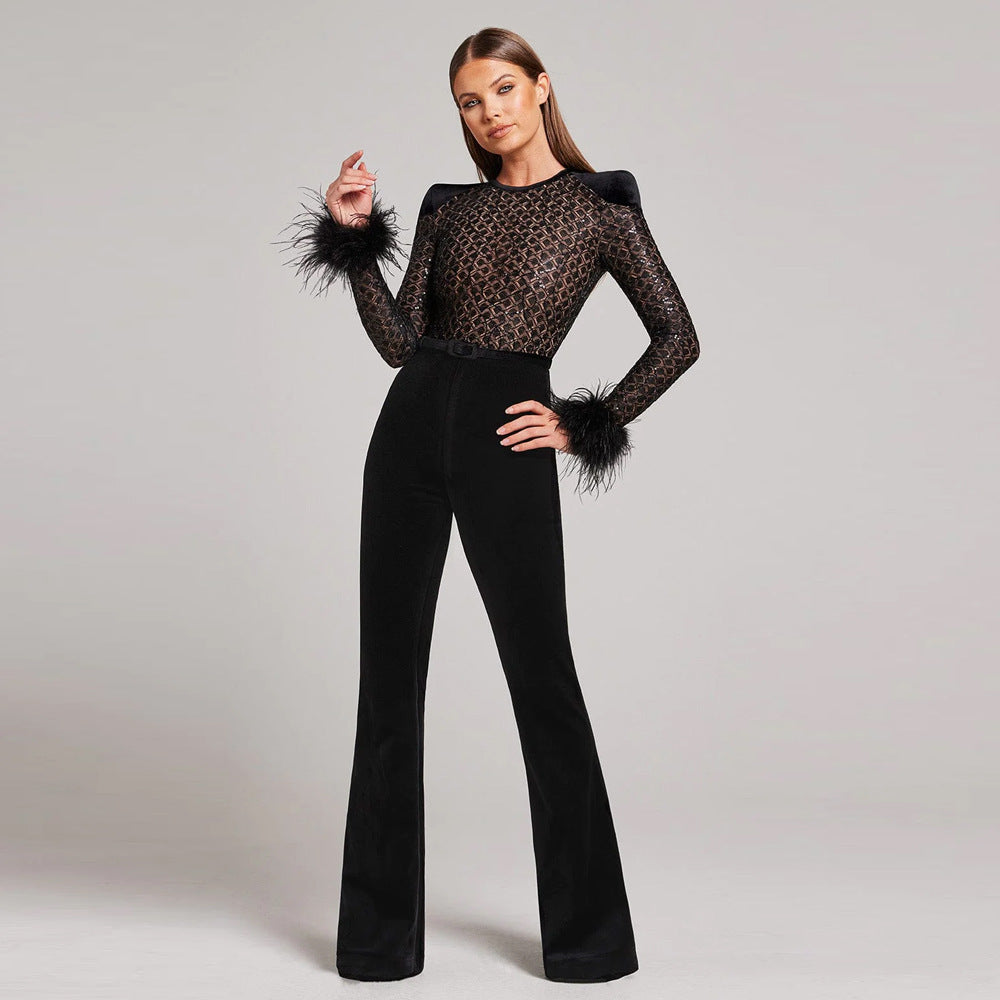 Spring Sexy Lace Sequined Feather Bandage Jumpsuit Women One Piece Black