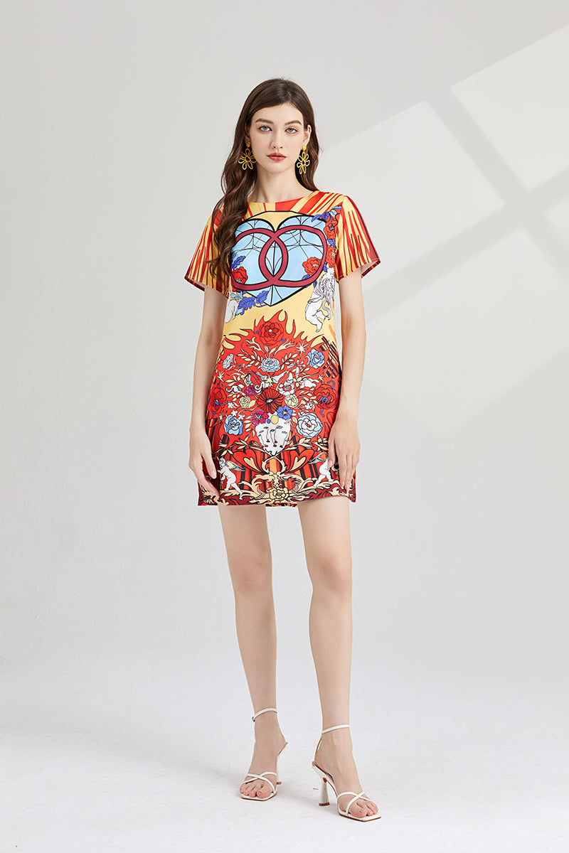 Women Spring Summer Crew Neck Printed Short Sleeved A Line Dress