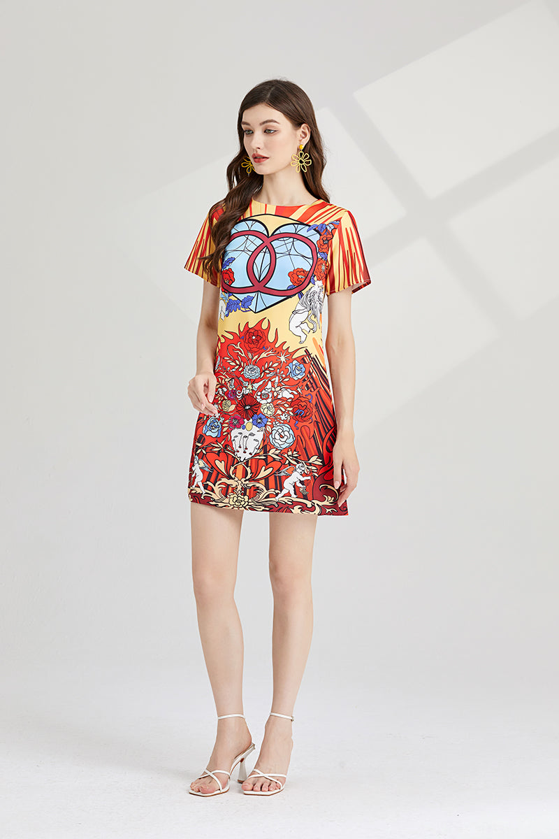 Women Spring Summer Crew Neck Printed Short Sleeved A Line Dress