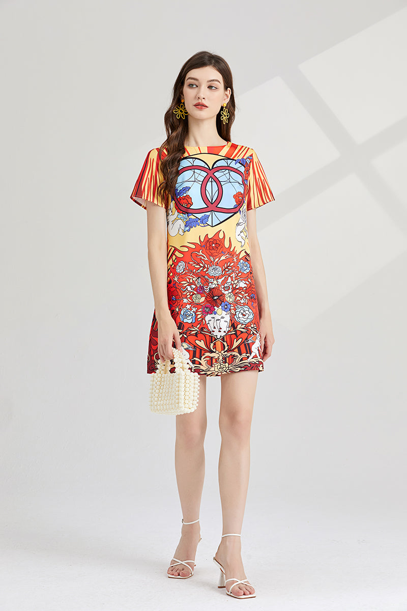 Women Spring Summer Crew Neck Printed Short Sleeved A Line Dress