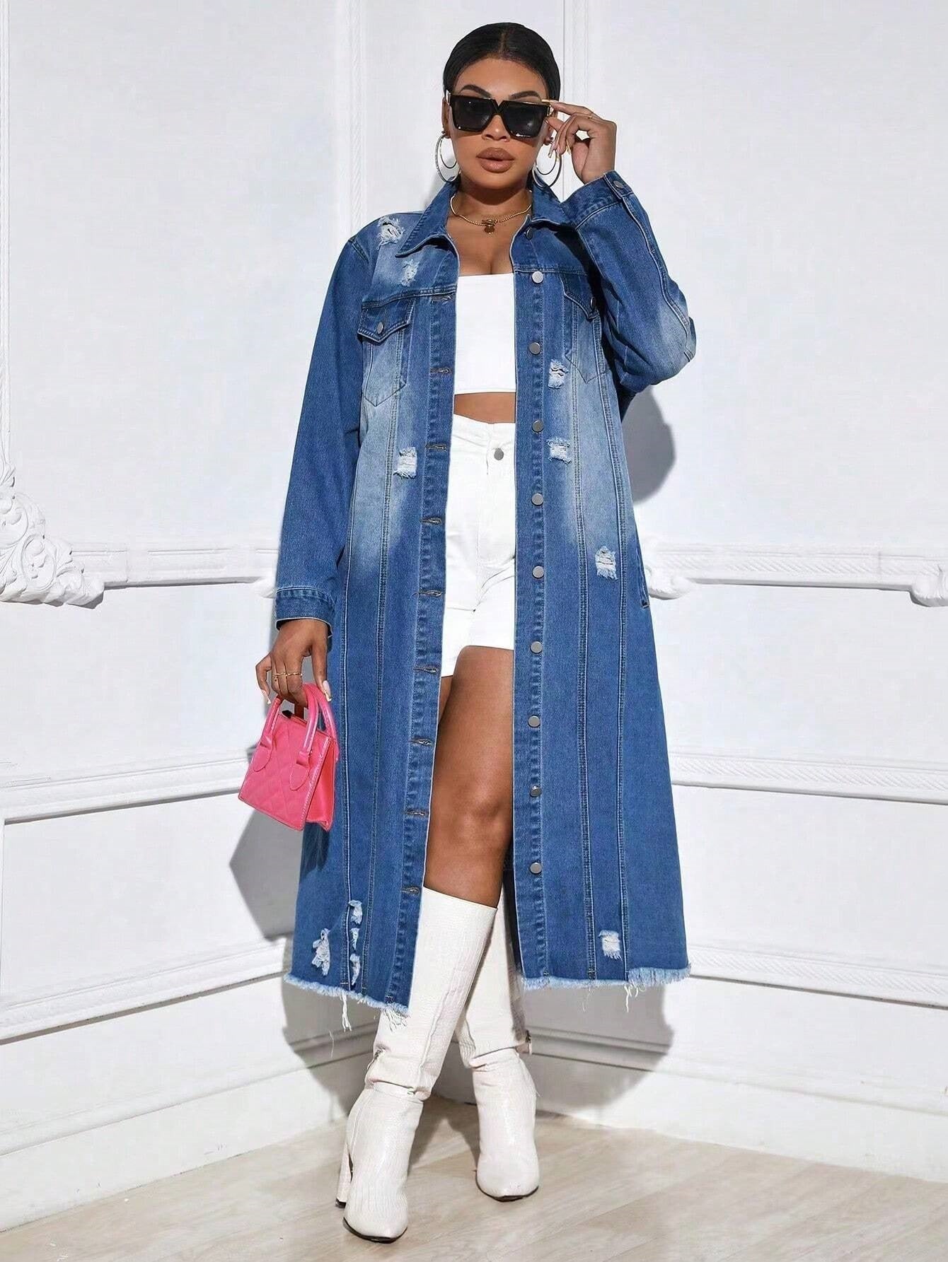 Women Wear Ripped Long Sleeves Denim Trench Coat Cardigan Denim Cloak Navy Blue