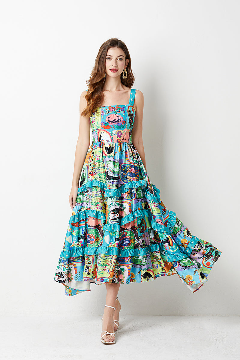 Summer Positioning Flower Cake Dress Slim Fit High Waist A Line Dress