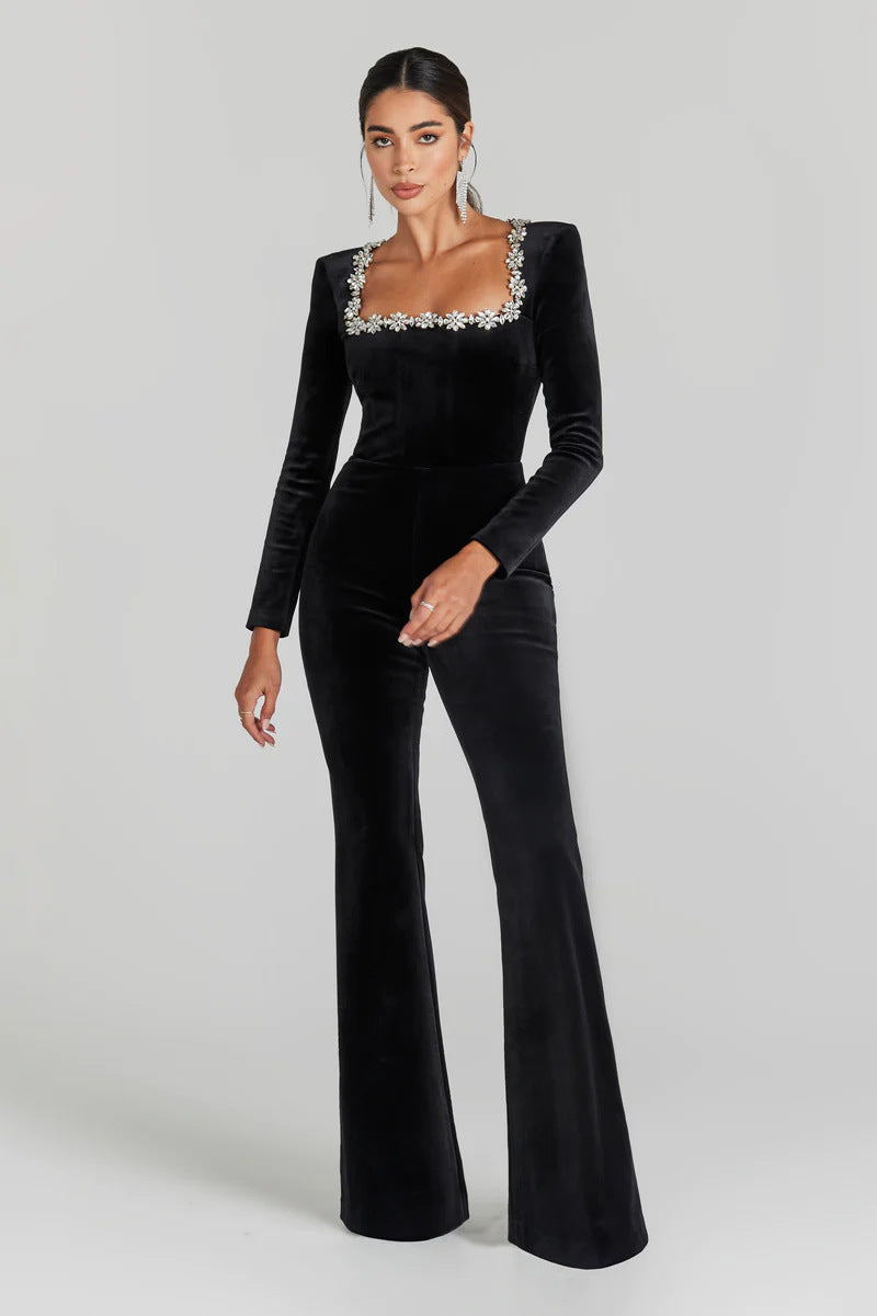 Arrival Sexy with Diamond Hollow Out Cutout High Waist Slim Solid Color Jumpsuit Black Bandage