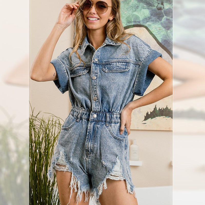 Summer Stock Ripped Romper Elastic Waist Short Sleeve Denim Shorts Women Clothing