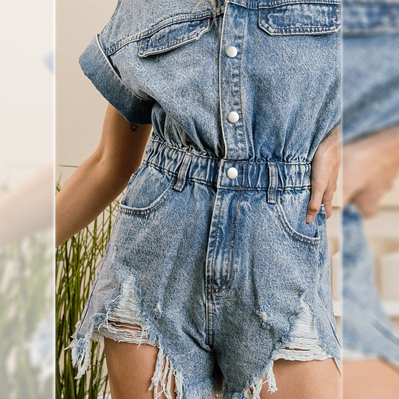 Summer Stock Ripped Romper Elastic Waist Short Sleeve Denim Shorts Women Clothing