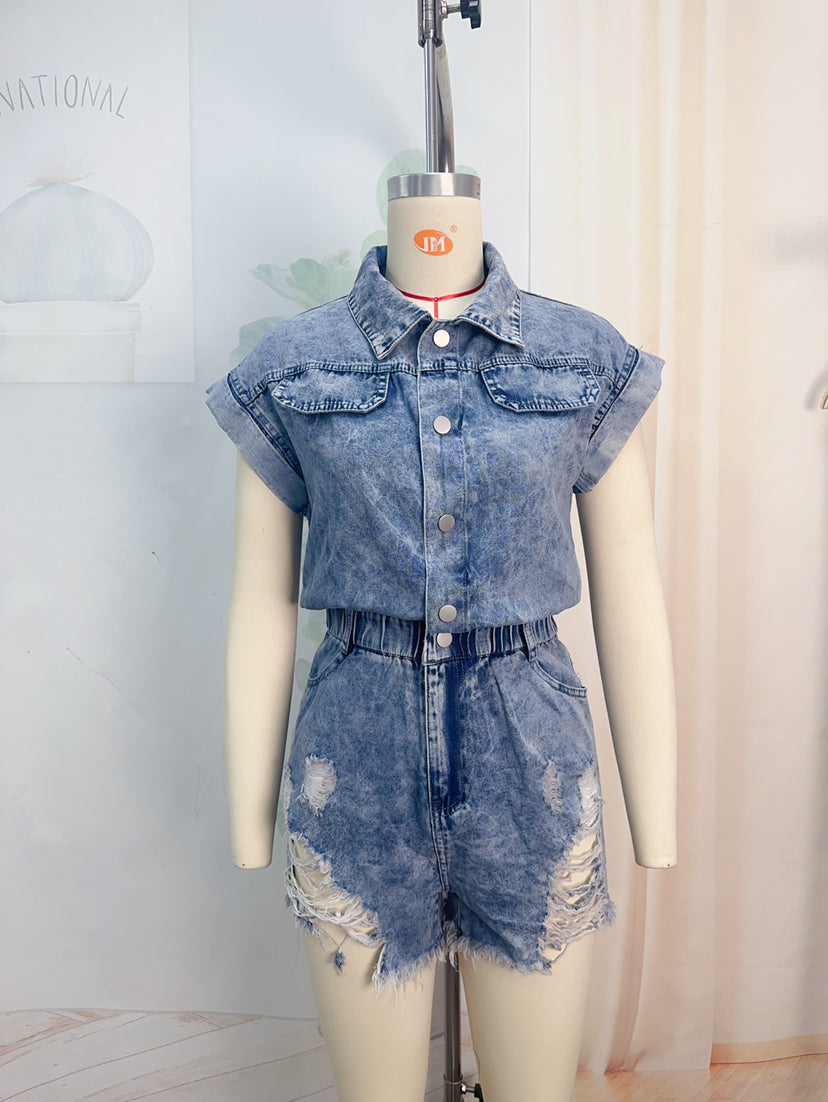 Summer Stock Ripped Romper Elastic Waist Short Sleeve Denim Shorts Women Clothing