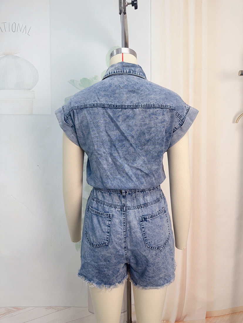 Summer Stock Ripped Romper Elastic Waist Short Sleeve Denim Shorts Women Clothing