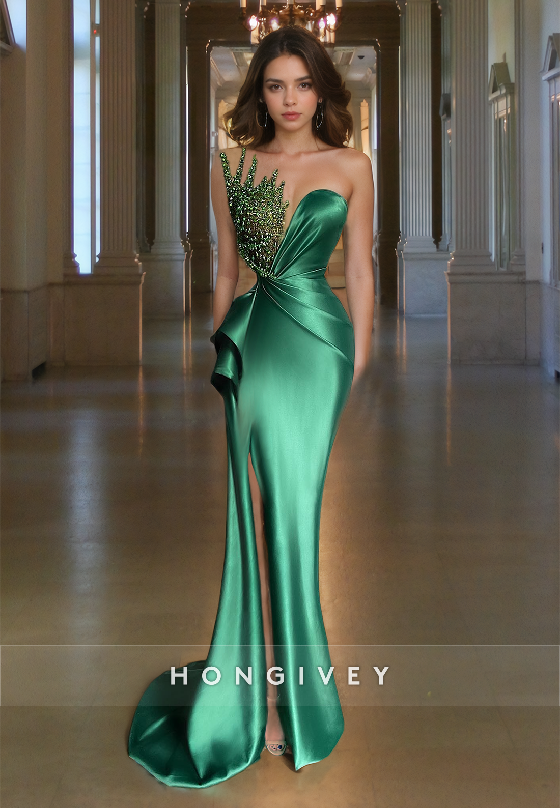 Trumpet/Mermaid Lowvneck Beaded Satin Prom Dress With High Slit