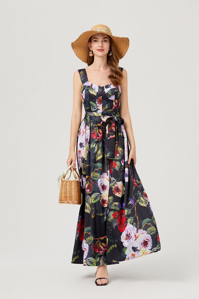 Women Summer Print Halter Dress Swing Maxi Dress Black