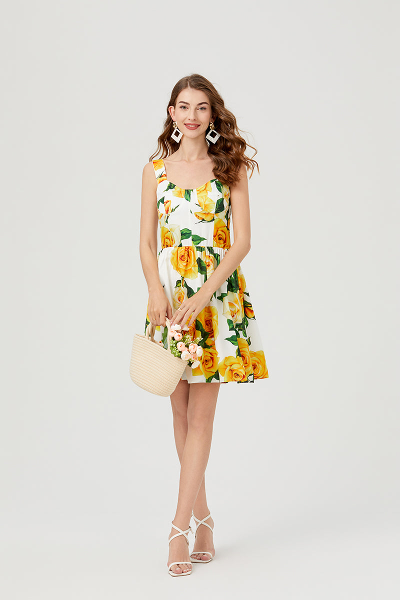 Women Summer Sleeveless Floral A Line Elegant Dress Yellow