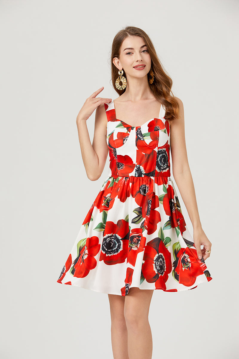 Women Summer Sleeveless Floral A Line Elegant Dress Red