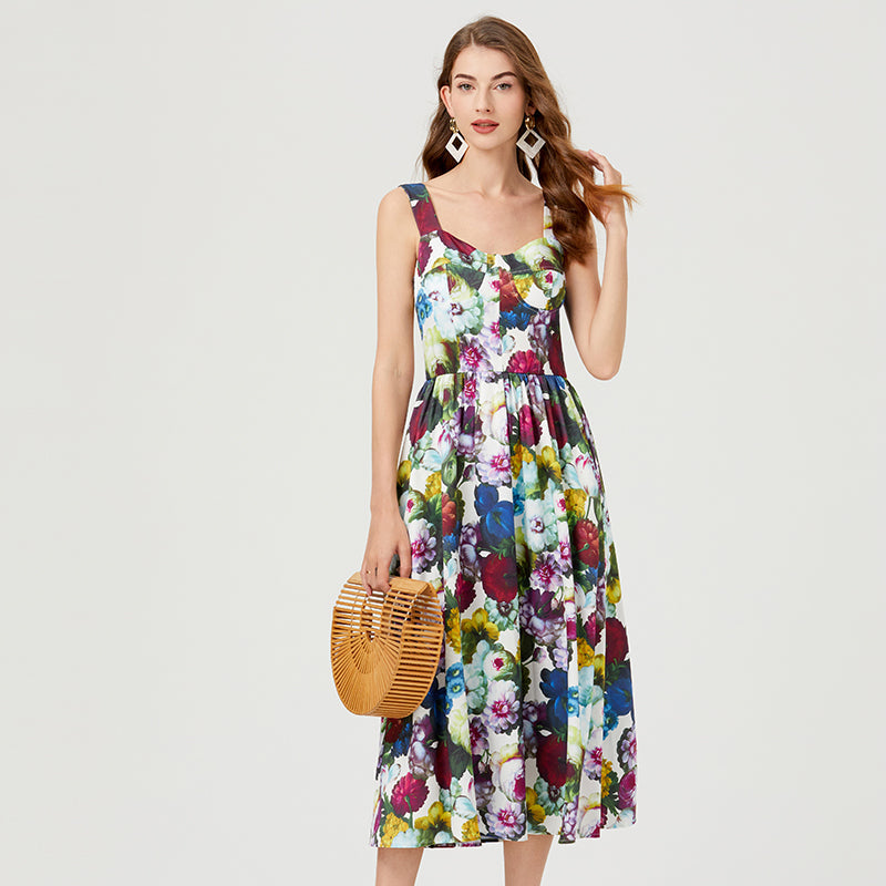 Women Summer Sleeveless Floral A Line Elegant Dress