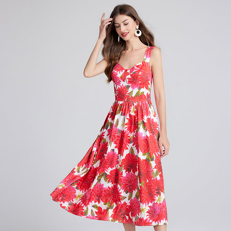 Women Summer Sleeveless Floral A Line Elegant Dress