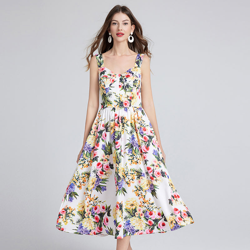 Women Summer Sleeveless Floral A Line Elegant Dress White