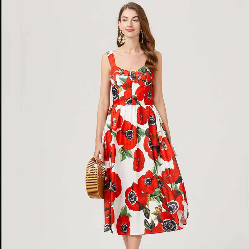 Women Summer Sleeveless Floral A Line Elegant Dress Red