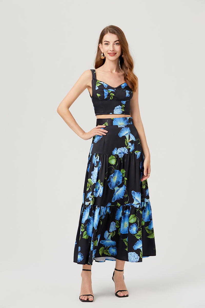 Women Summer Floral Short Strapless Top High Waist Skirt Two Piece Set