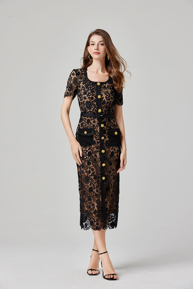 Summer Women Clothing Solid Color Lace Button Dress Black