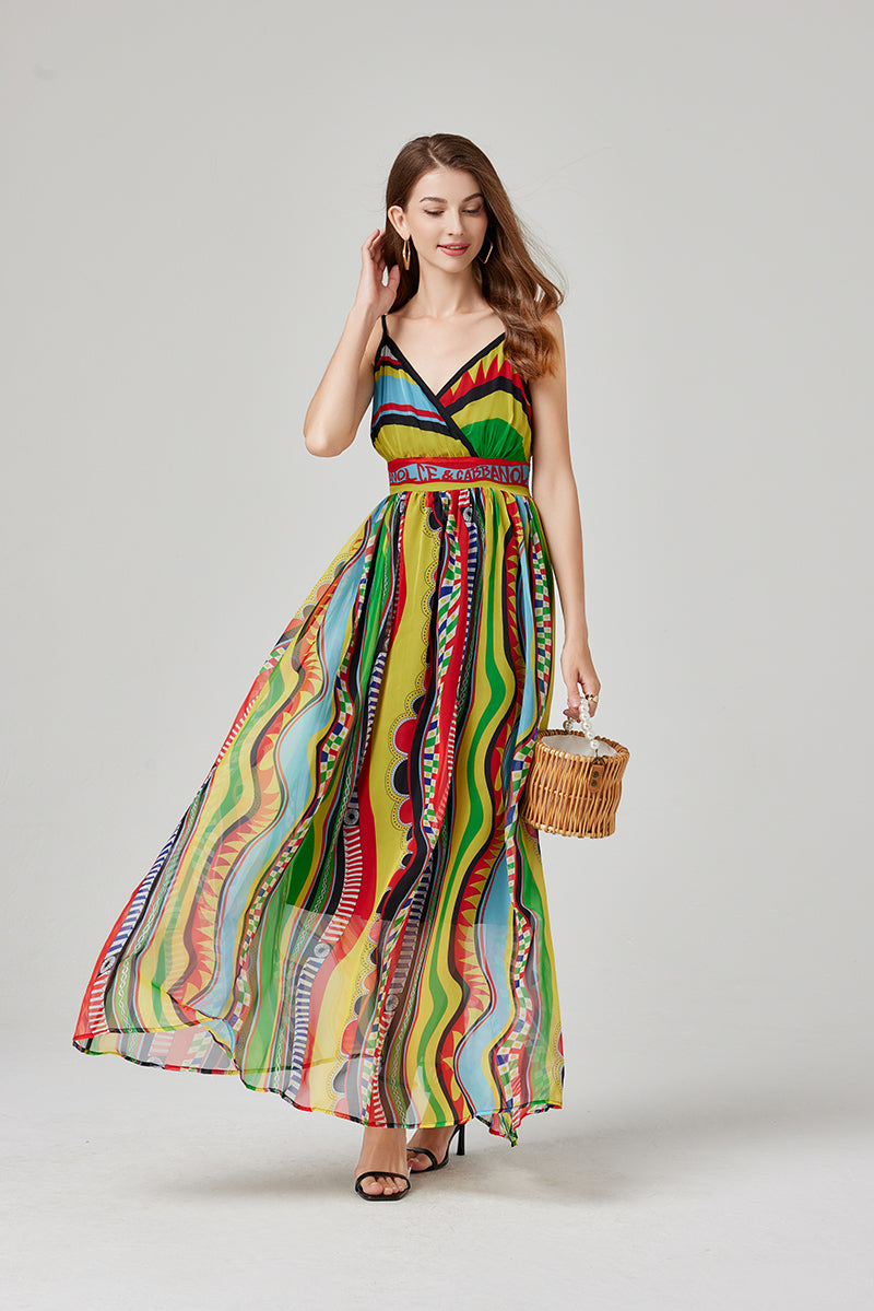 Women Summer Sleeveless V Neck A Line Elegant Dress Multi-1