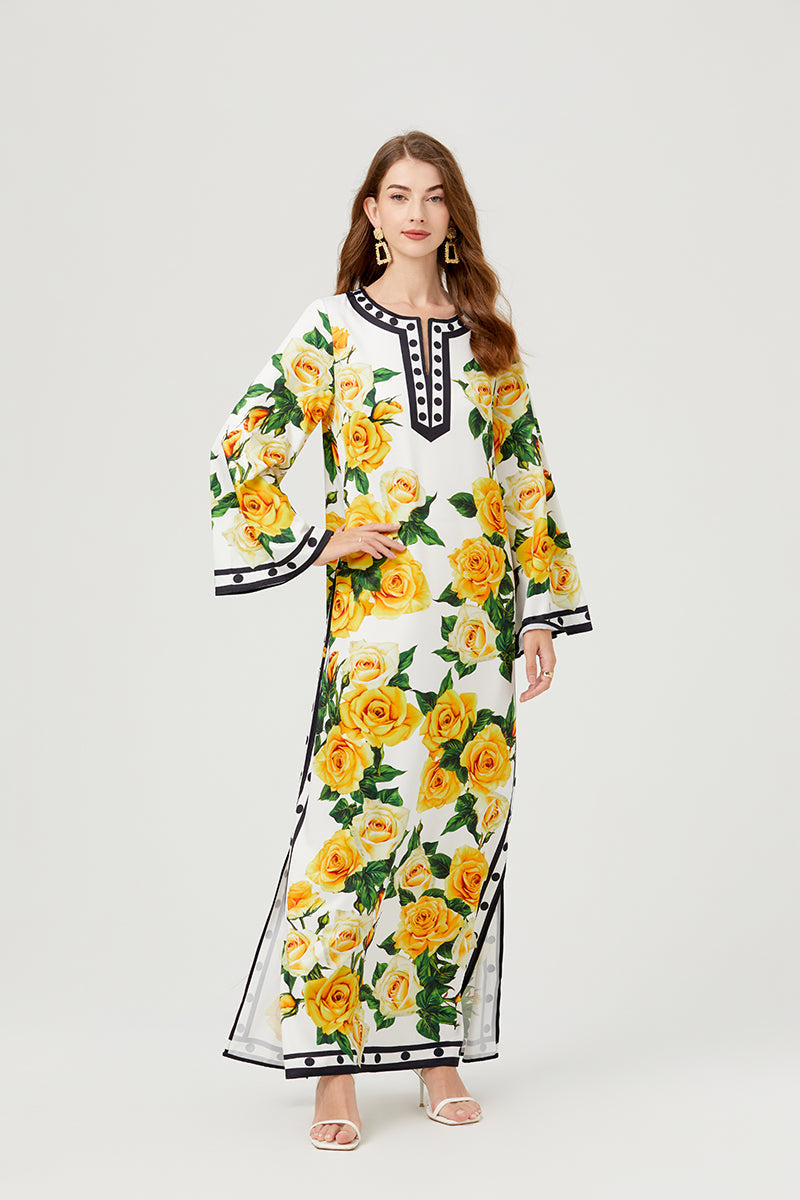 Women Spring Fall Button Floral Elegant A Line Maxi Dress Yellow