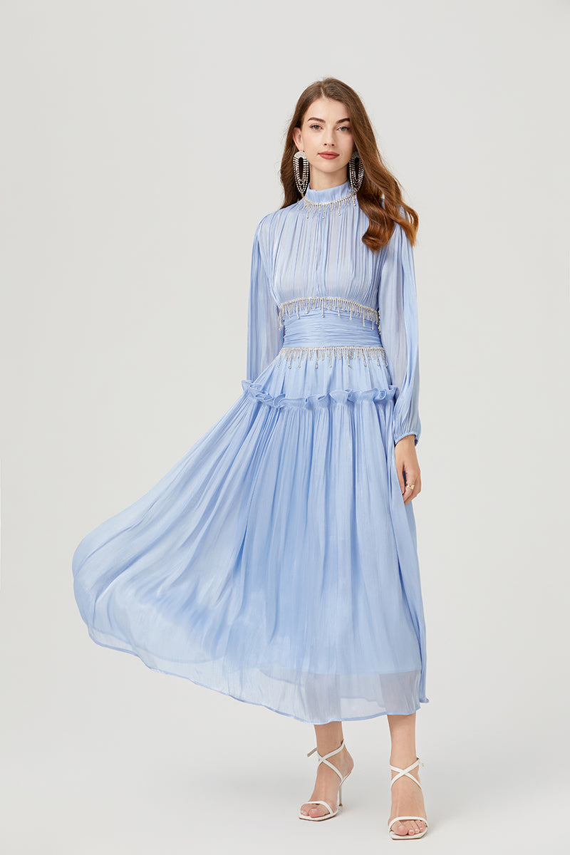 Women Spring Fall Solid Elegant A Line Maxi Dress Blue