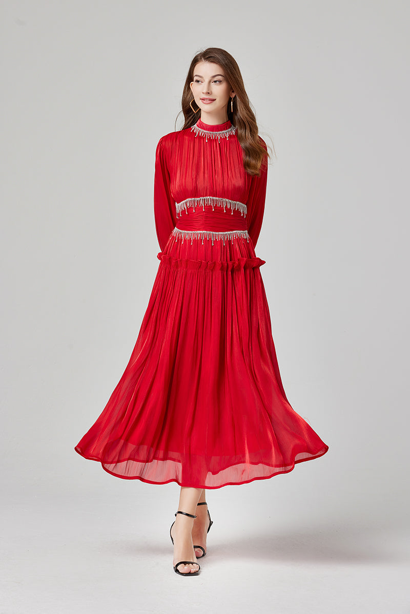 Women Spring Fall Solid Elegant A Line Maxi Dress Red