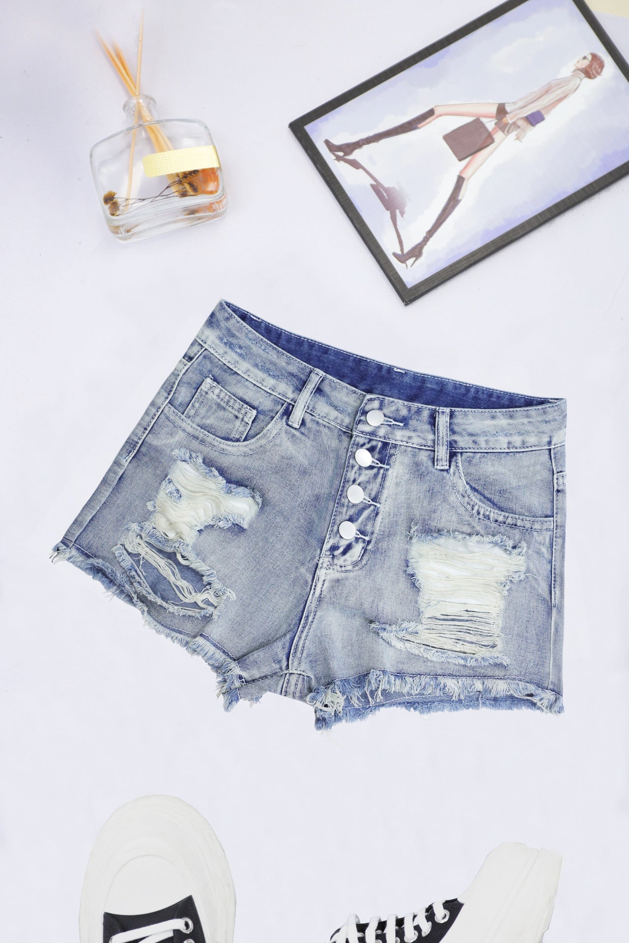 Women Denim With Hole Cut Long Breasted Denim Shorts Sexy All Matching Blue