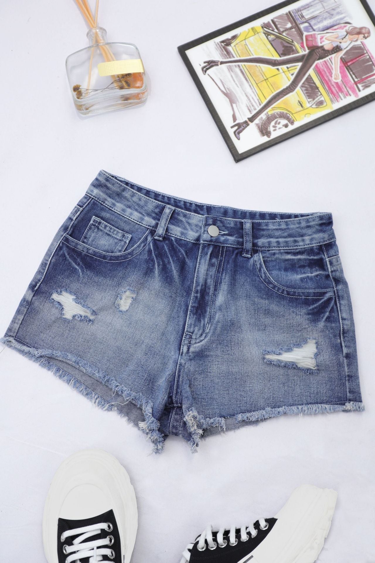 Summer Popular Women Ripped Back Pocket Denim Shorts All Match Trendy Blue