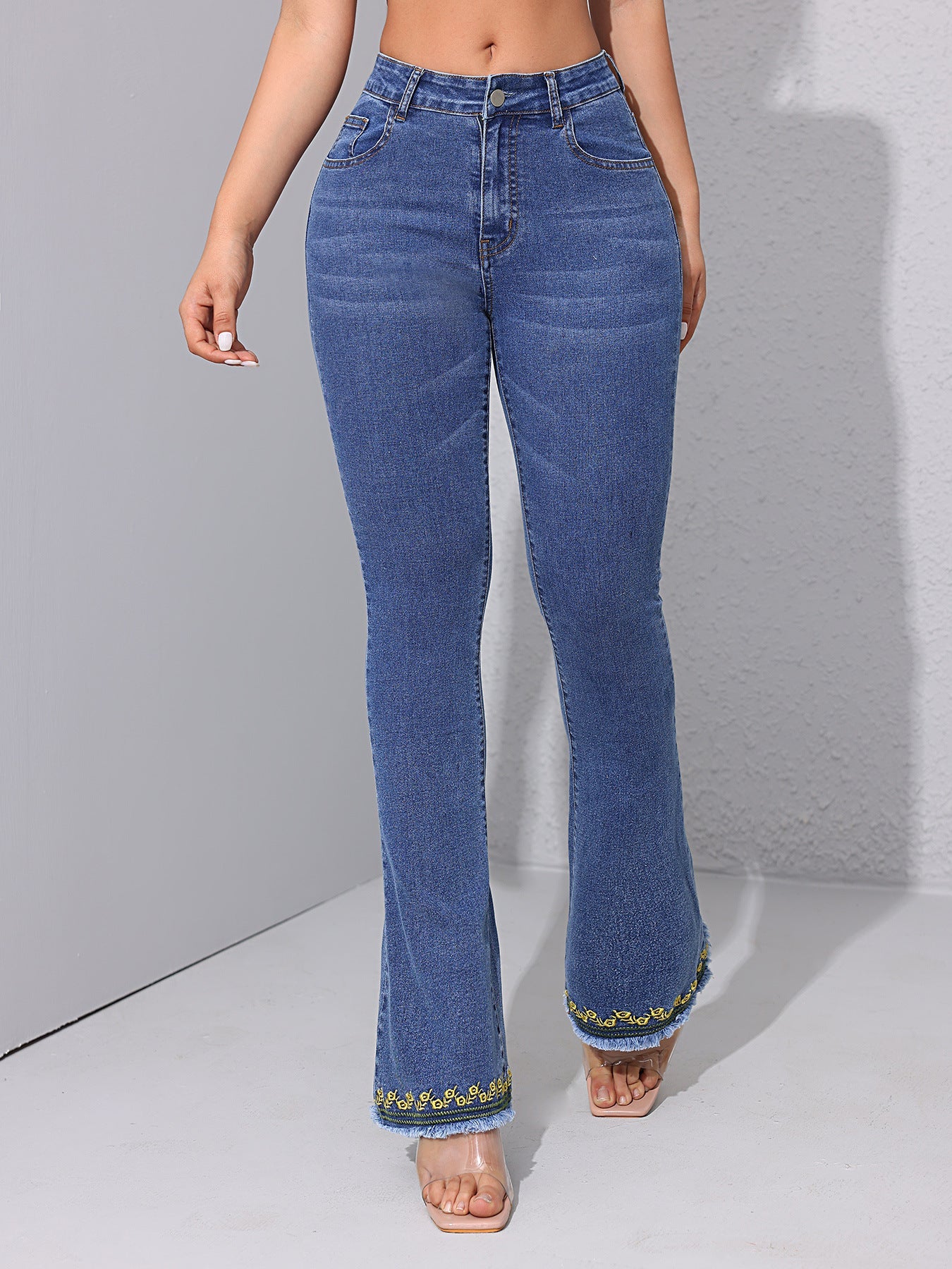 Women Slightly Flared Jeans Trousers Embroidered Burrs Slimming Casual All Matching Blue