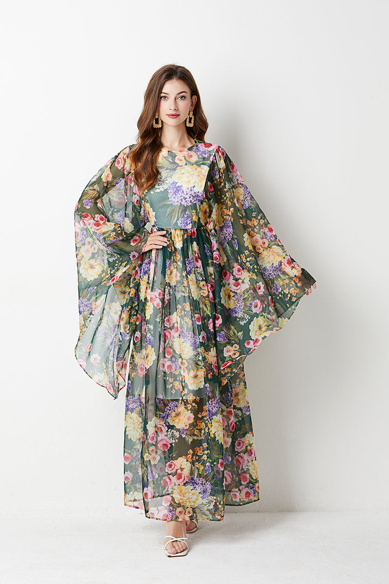 Women Long Sleeve Loose Print A Line Maxi Dress