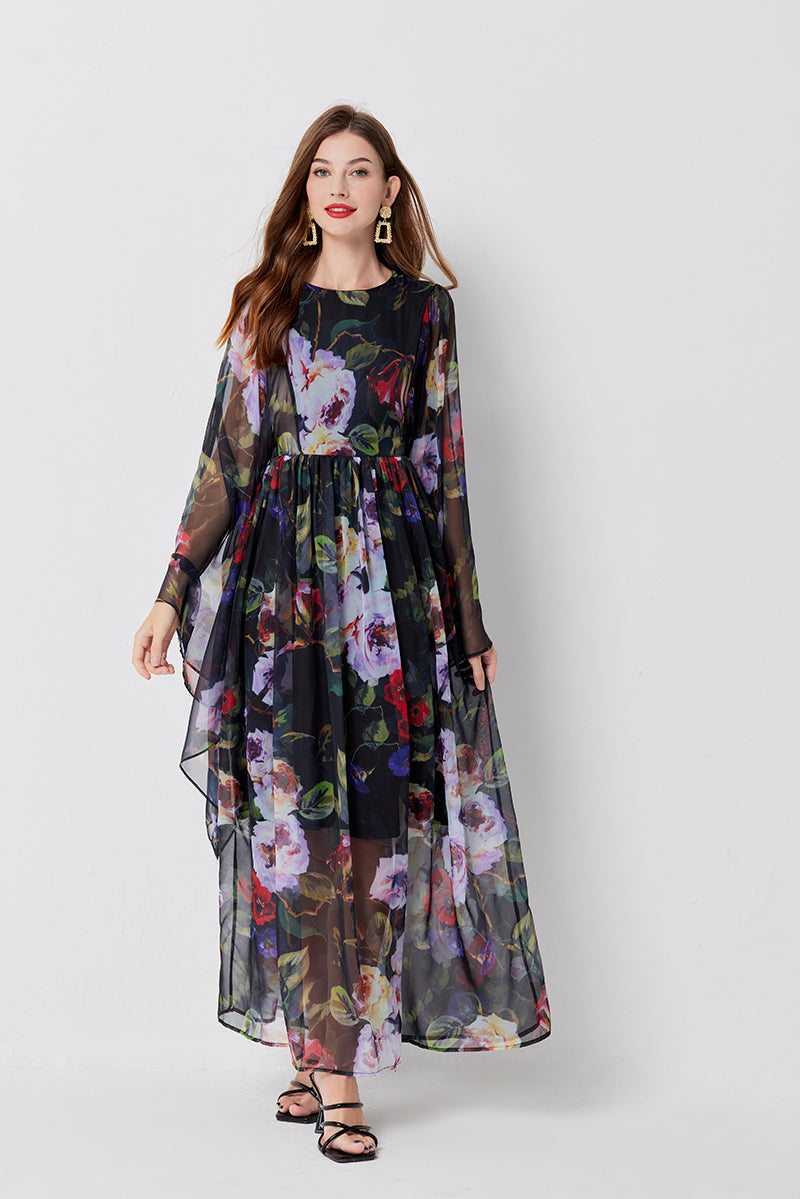 Women Long Sleeve Loose Print A Line Maxi Dress Black