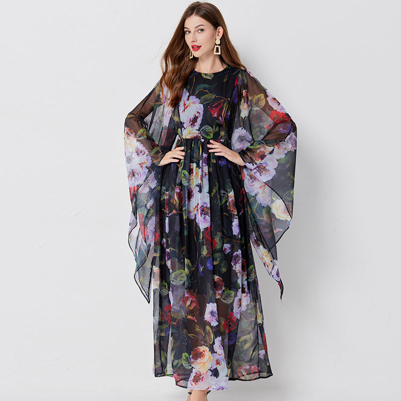 Women Long Sleeve Loose Print A Line Maxi Dress