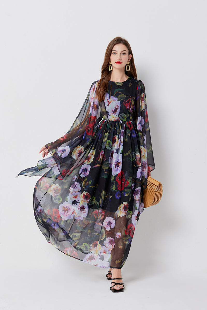 Women Long Sleeve Loose Print A Line Maxi Dress