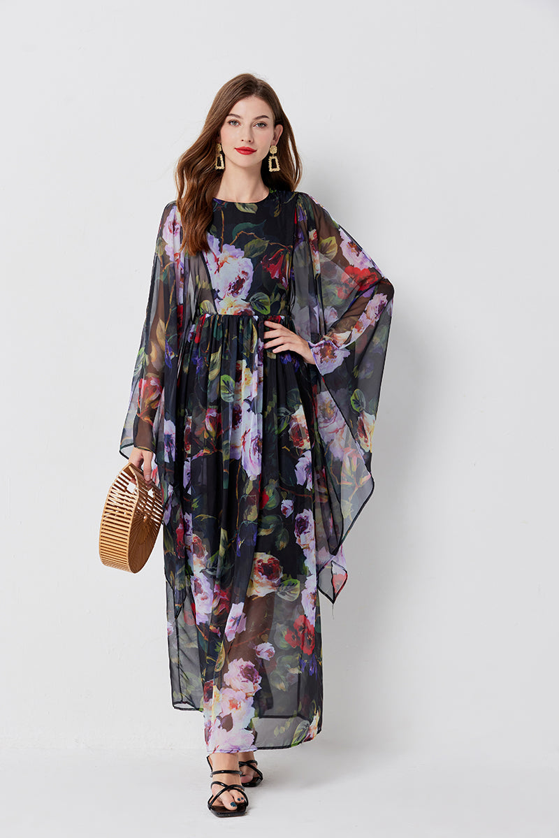 Women Long Sleeve Loose Print A Line Maxi Dress