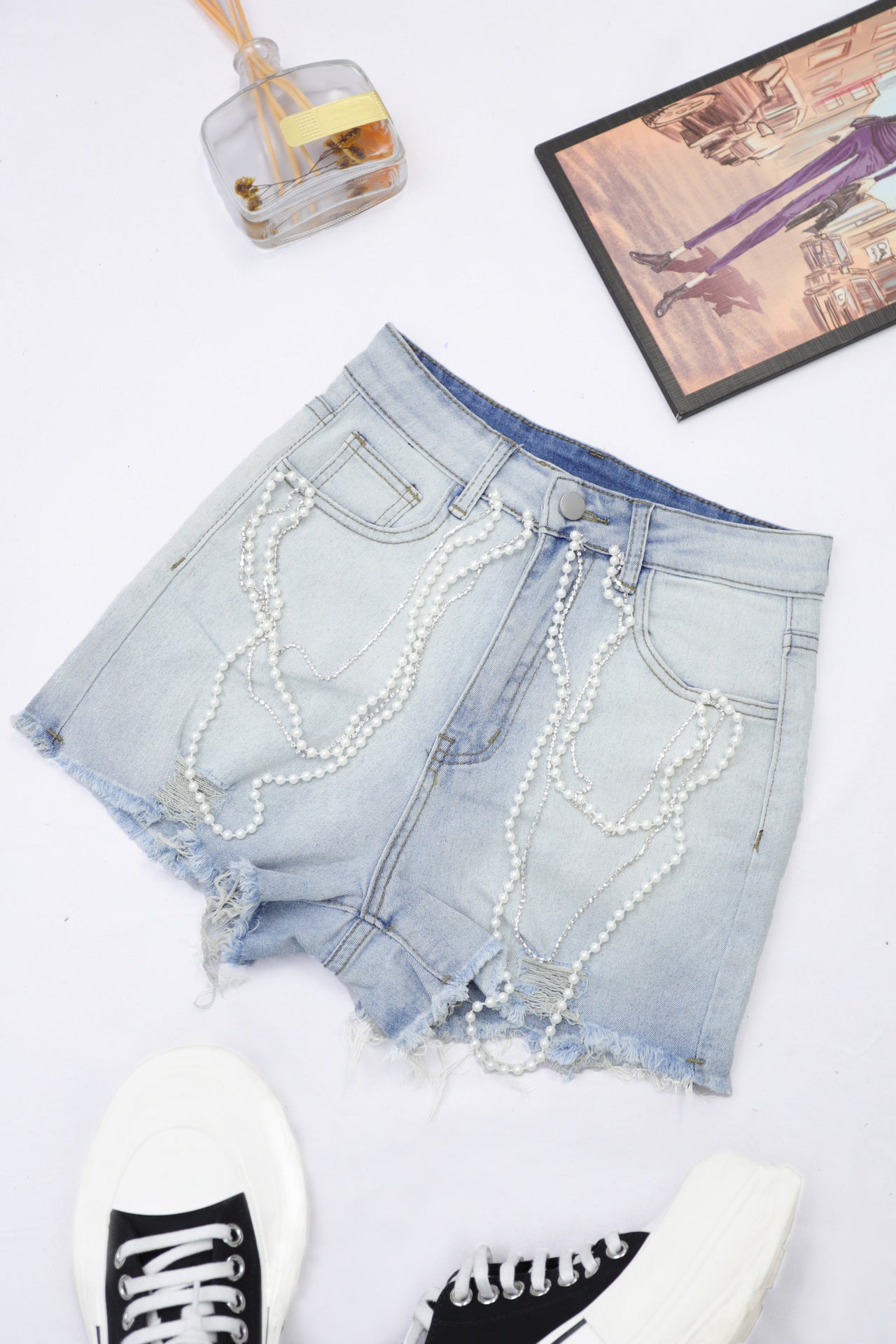 Women Summer Raw Hem High Waist Pearl Rhinestone Tassel Chain Slim Slimming Straight Denim Shorts Azure