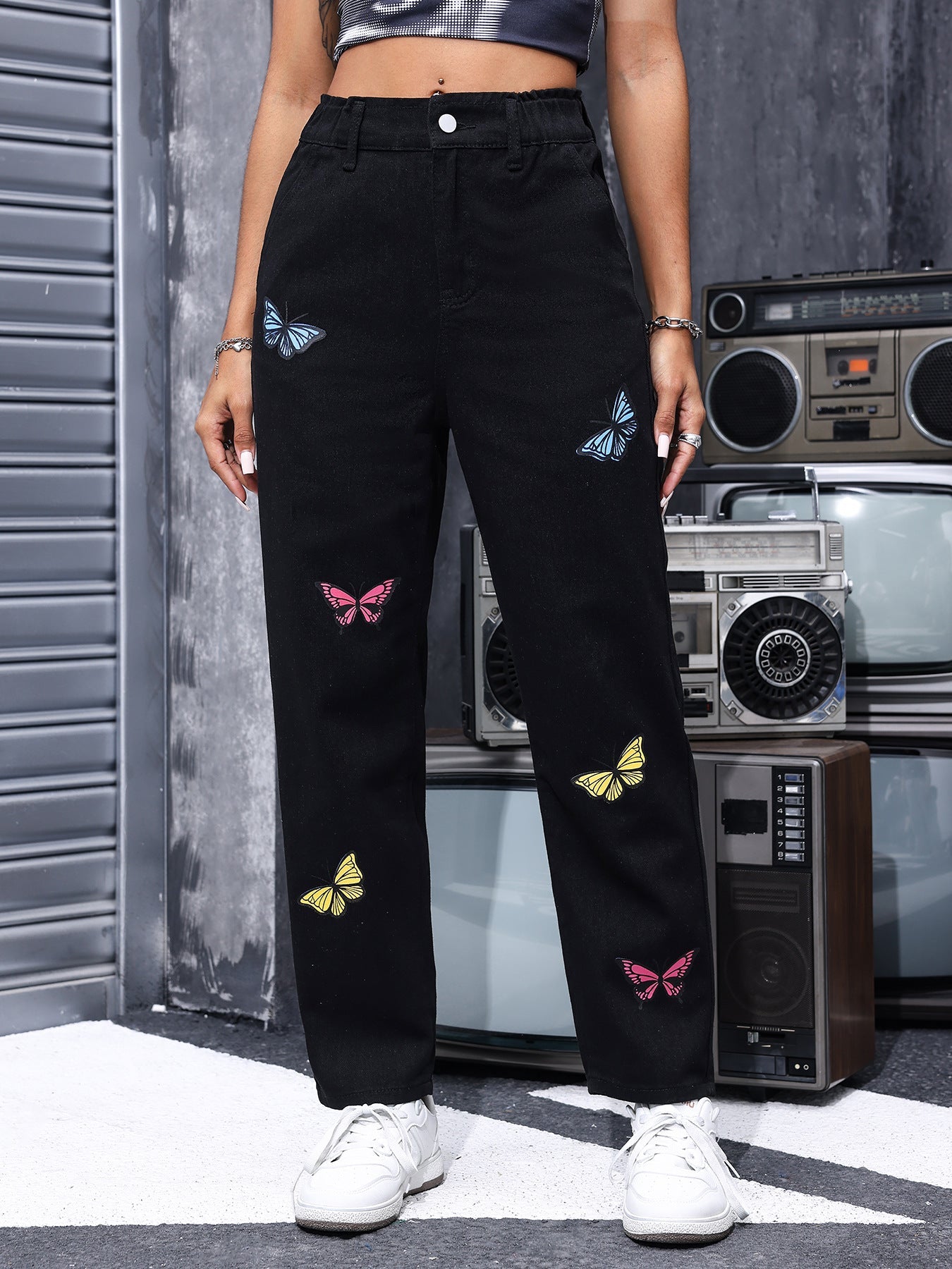 Women Spring Summer Elastic Straight Leg Denim Trousers Butterfly Print Casual Slimming Black Black