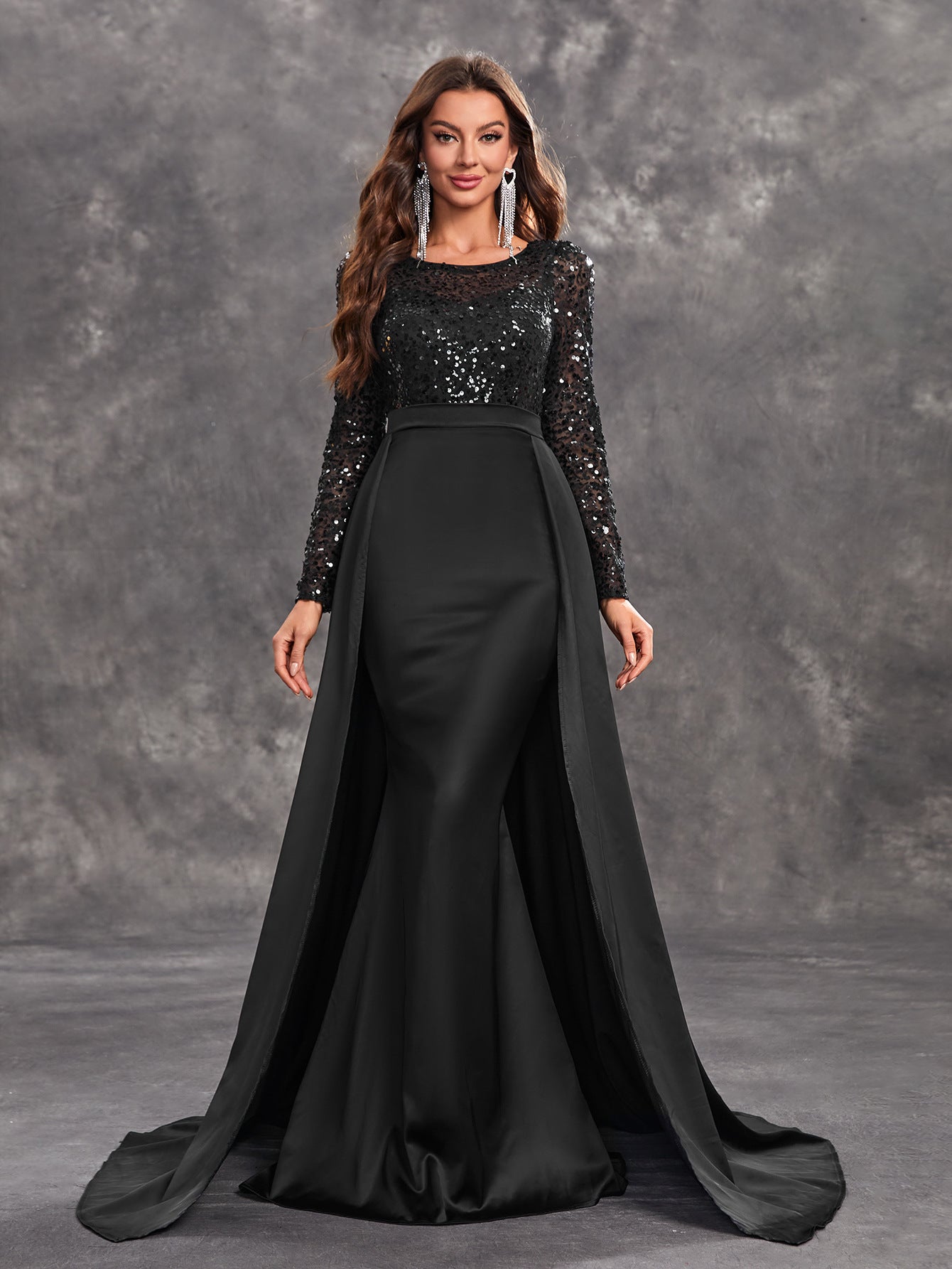 Women Prom Party Dress Sequined Long Sleeve Round Neck Sexy Elegant Black Formal Dress Black