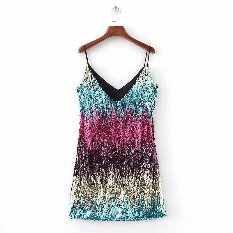 Summer Women Clothing Dress Sleeveless Sexy Sequined V neck Strap Multi