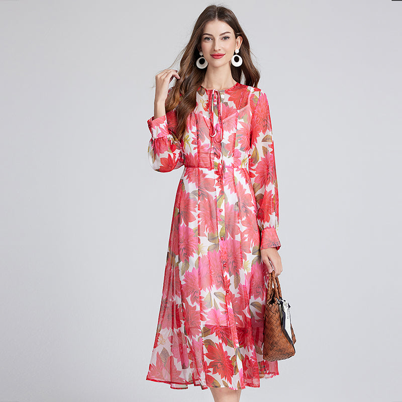 Spring Summer Gorgeous Red Flower Print Elegant High End Dress Sling Set