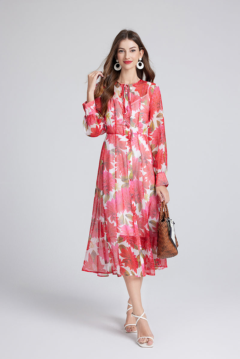 Spring Summer Gorgeous Red Flower Print Elegant High End Dress Sling Set