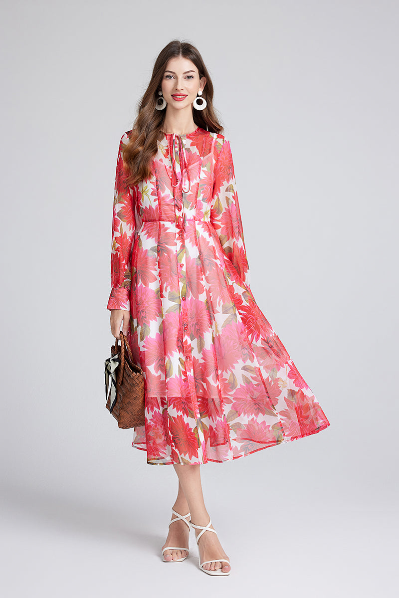 Spring Summer Gorgeous Red Flower Print Elegant High End Dress Sling Set