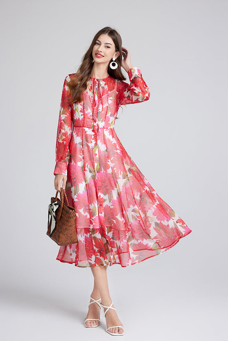 Spring Summer Gorgeous Red Flower Print Elegant High End Dress Sling Set